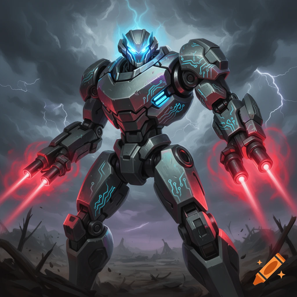 A powerful grey mech with glowing blue details, blue eyes, and red lasers firing from its hands stands in a stormy, barren landscape.