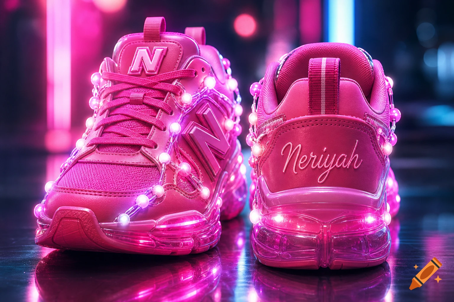 A pair of glowing pink sneakers with 'N' logos and "Neriyah" text, illuminated by small lights, on a dark, reflective surface with a neon background.