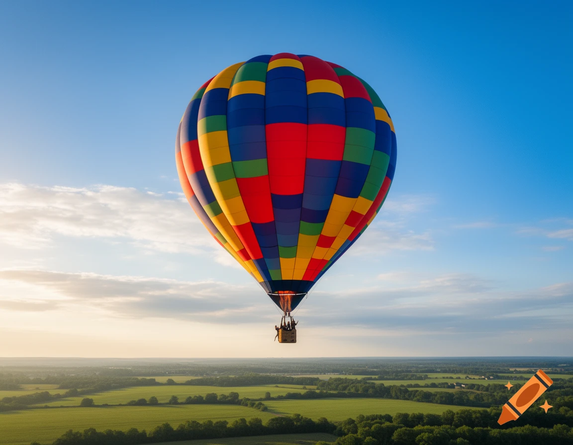 A vibrant, multicolored hot air balloon floats high above a lush green landscape under a bright blue sky.