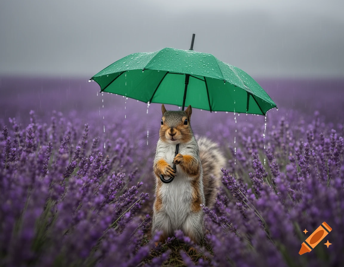 A cute, photorealistic squirrel stands upright, holding a green umbrella in the rain in a field of purple lavender.