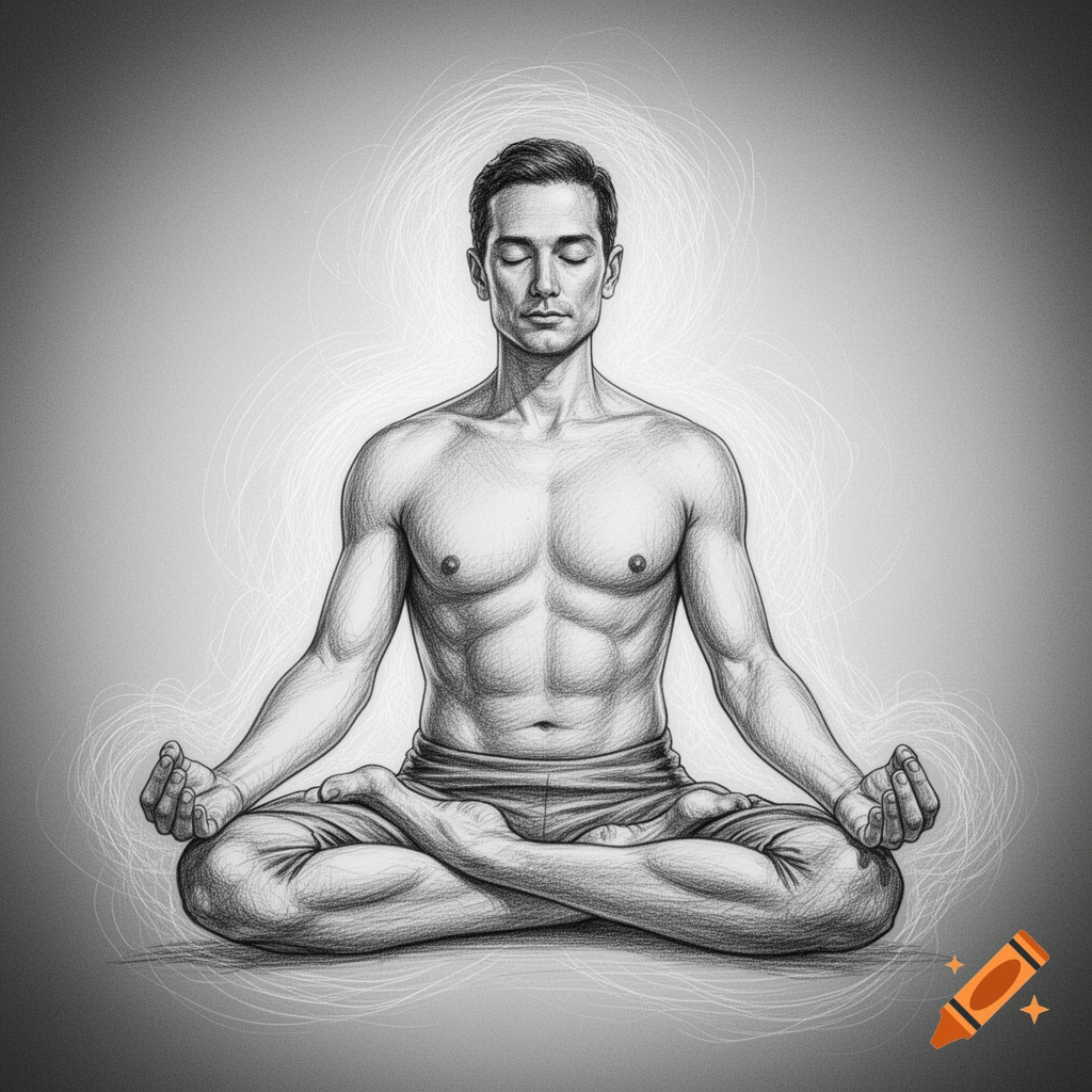 Pencil drawing of a shirtless man meditating in a lotus yoga pose with closed eyes.