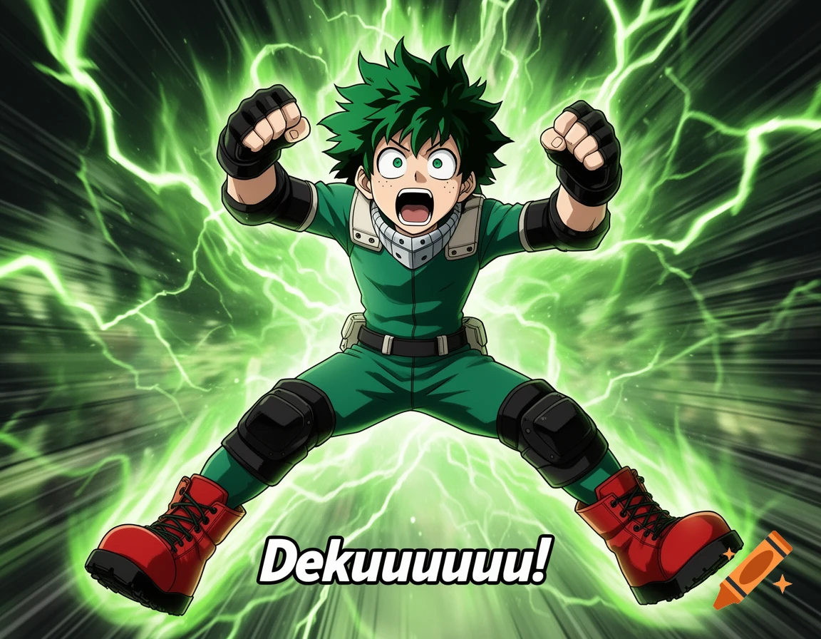 An anime character, Izuku Midoriya, powers up with green lightning, yelling "Dekuuuuuu!". He wears a green suit and red boots.