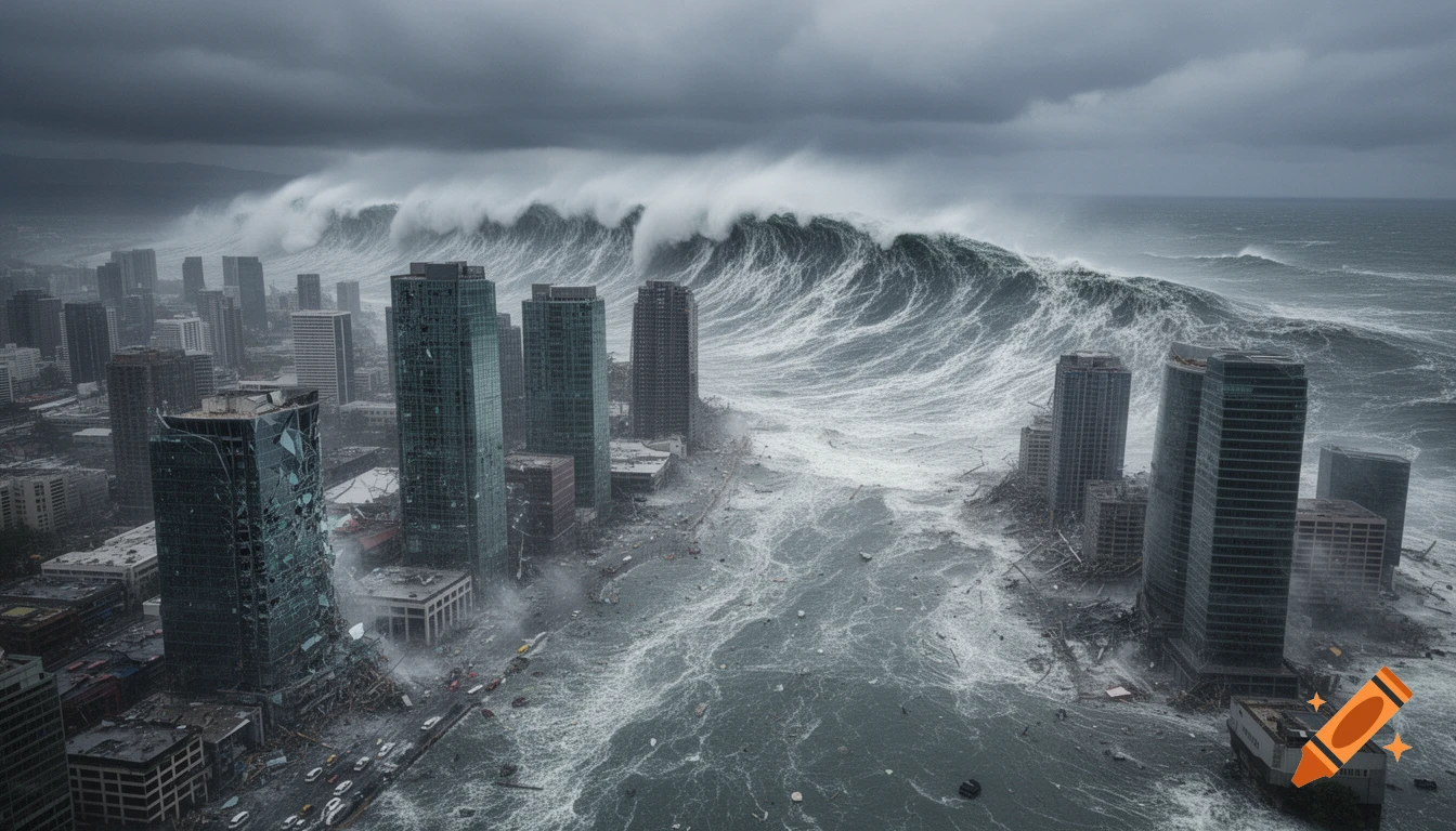A massive tsunami wave engulfs a modern city under a stormy, dark sky, with buildings partially submerged and damaged.