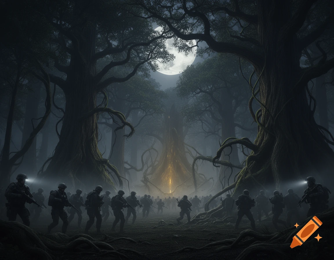 Soldiers in a dark, misty forest under a full moon, approaching a glowing, root-like structure, cinematic style.