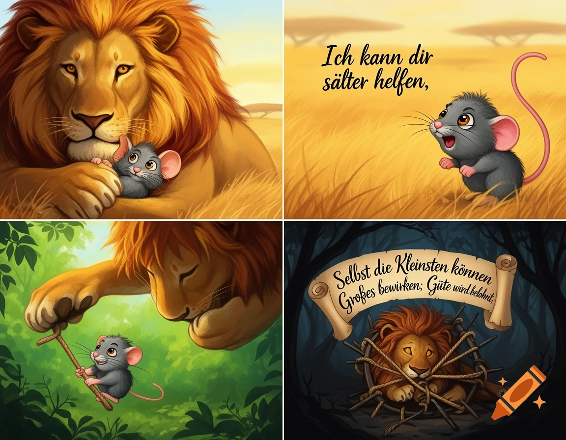 A four-panel cartoon of The Lion and the Mouse fable. A lion catches a mouse, then the mouse frees the lion from a trap.