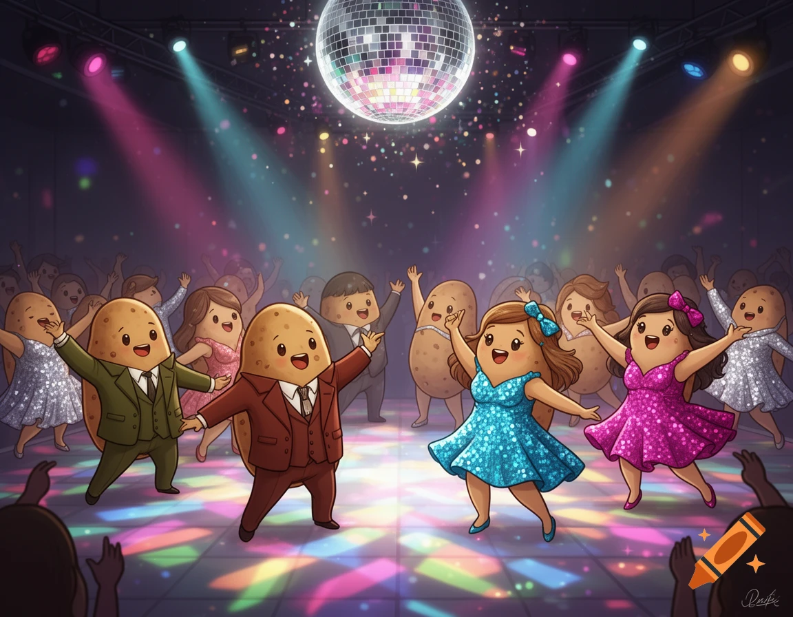 Cute cartoon potatoes in sparkly dresses and smart jackets dancing at a vibrant disco party under a disco ball.