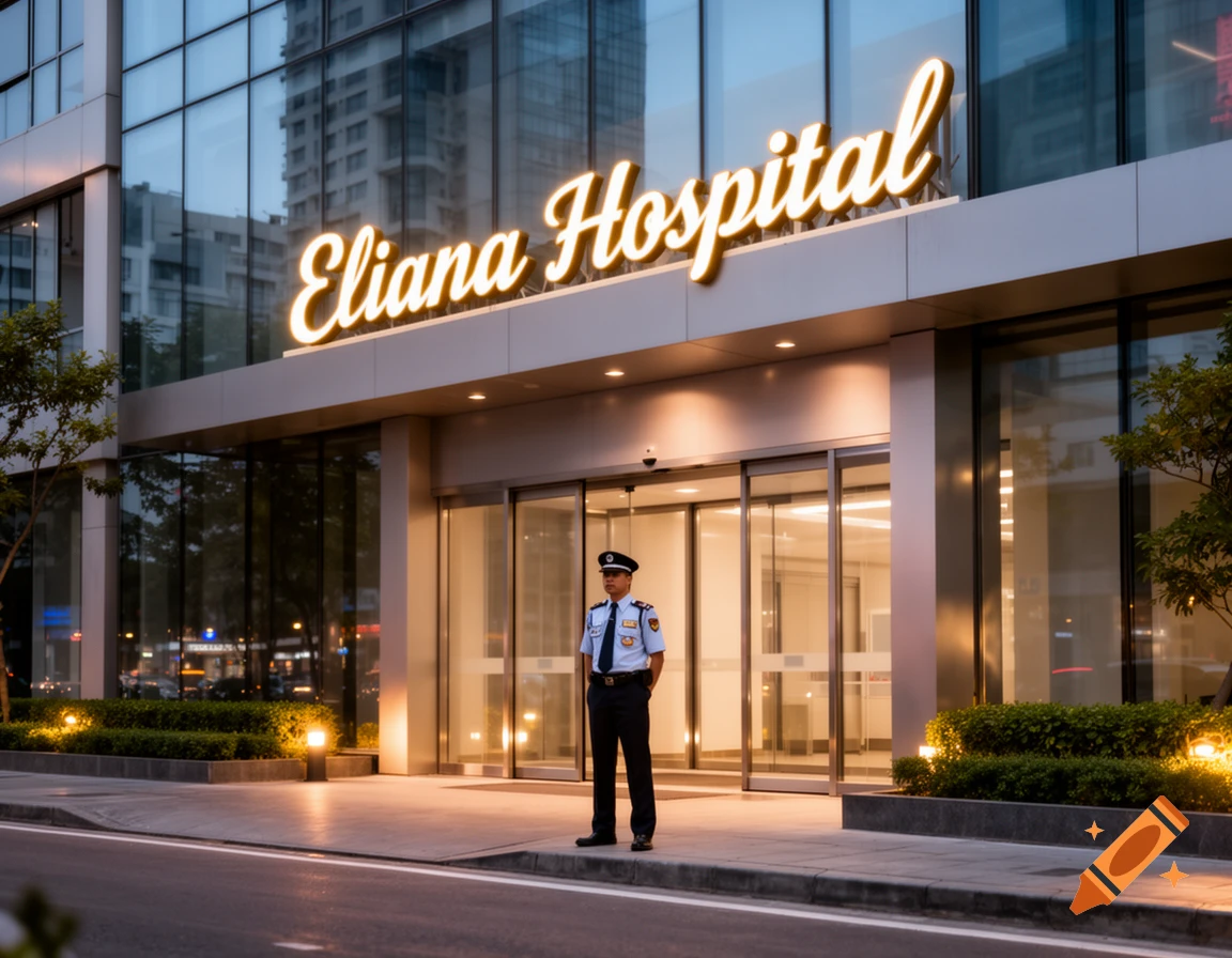 A security guard stands outside a modern glass 'Eliana Hospital' building with a glowing sign, automatic doors, and street-level lighting at dusk.