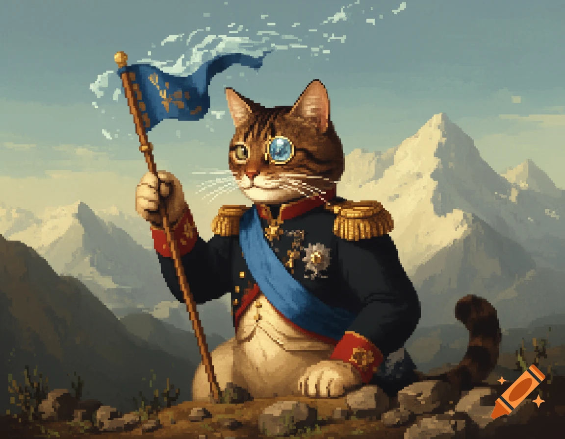 A pixel art image of an anthropomorphic brown tabby cat with a monocle, in a military uniform, holding a blue flag in a mountainous landscape.