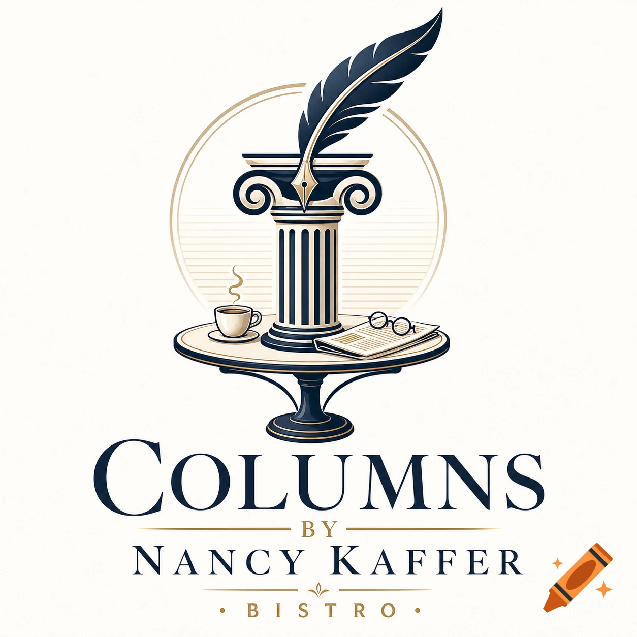 A stylized logo featuring a quill pen emerging from a classical column, with a coffee cup and newspaper on a small table. Text reads "COLUMNS BY NANCY KAFFER" and "BISTRO".