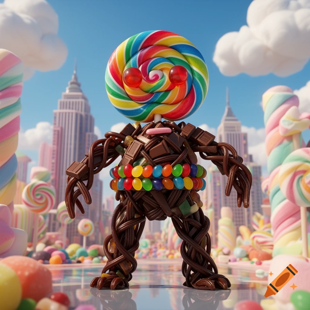 A monster made of chocolate wires and bars, with a lollipop head and a belt of colorful candies, stands in a vibrant candy city under a blue sky.