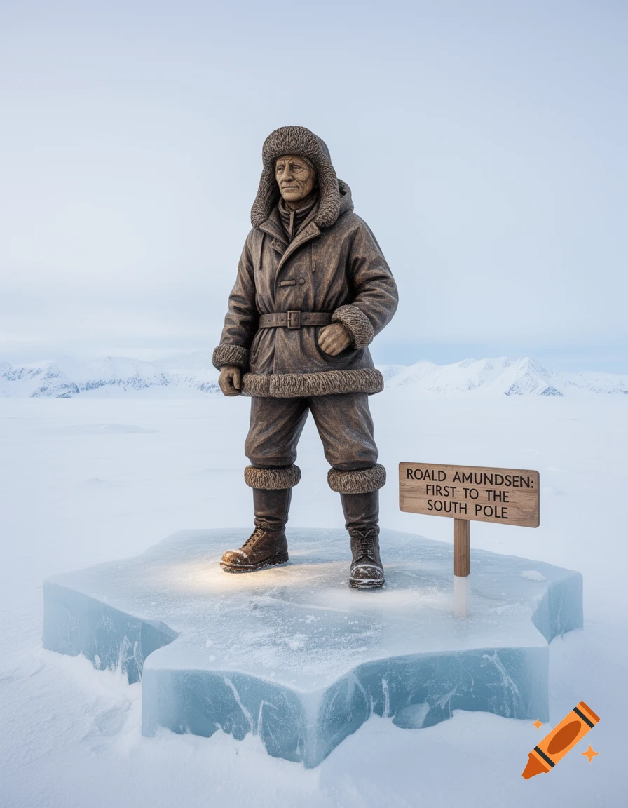 Photorealistic statue of Roald Amundsen on an ice block in a snowy landscape with a sign about his South Pole journey.