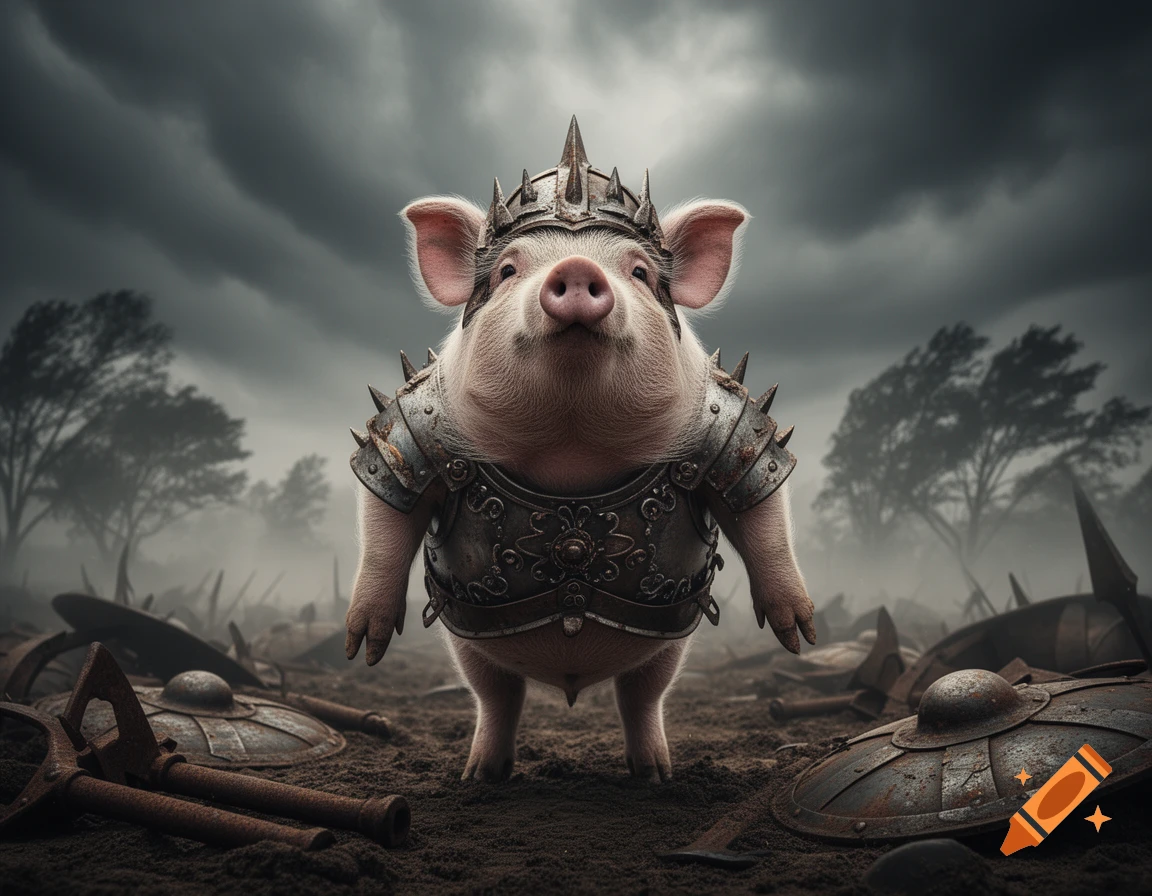 A pig in spiked armor and a crown stands on a muddy, desolate battlefield with scattered shields under a stormy sky.