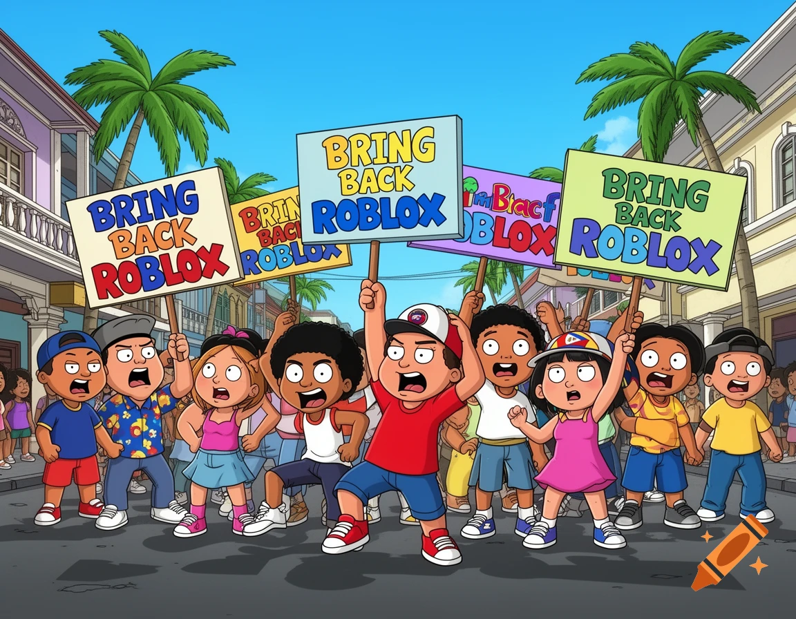 Cartoon children in Family Guy style protest to bring back Roblox, holding signs on a street lined with palm trees and buildings.