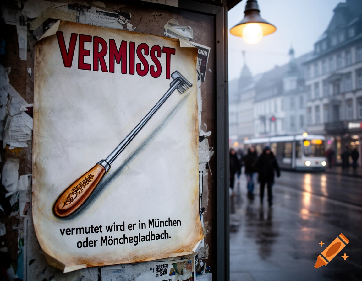 A photorealistic image of an aged 'VERMISST' (Lost) poster with an illustration of a back scratcher, on a rainy city street.