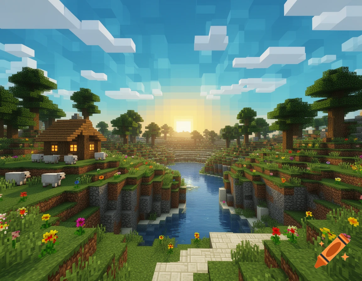 A vibrant Minecraft landscape at sunset, featuring a small wooden house with lit windows, sheep, a winding river, trees, and colorful wildflowers under a pixelated blue sky.