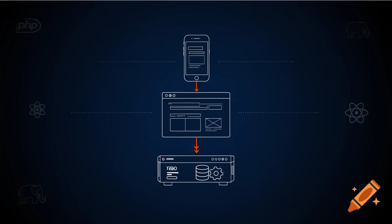 Minimalist technical line-art illustration showing a three-tier web application architecture with mobile, browser, and server layers.