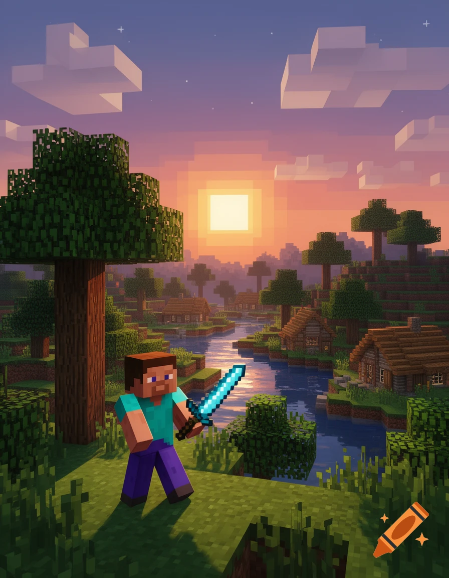 Minecraft character Steve stands in a blocky village landscape at sunset, holding a glowing blue sword.