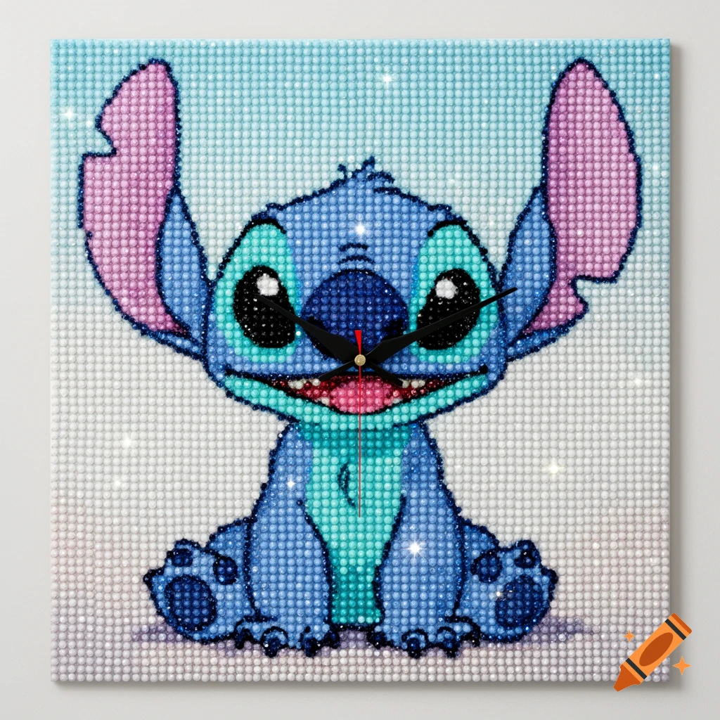 A diamond painting style wall clock featuring a smiling blue Stitch with big ears and large eyes, with black clock hands.