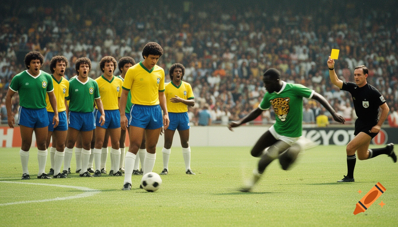 A vintage 1970s photograph of a soccer match between Brazil and Zaire. A Zaire player kicks the ball as Brazilian players look stunned, and a referee holds up a yellow card.