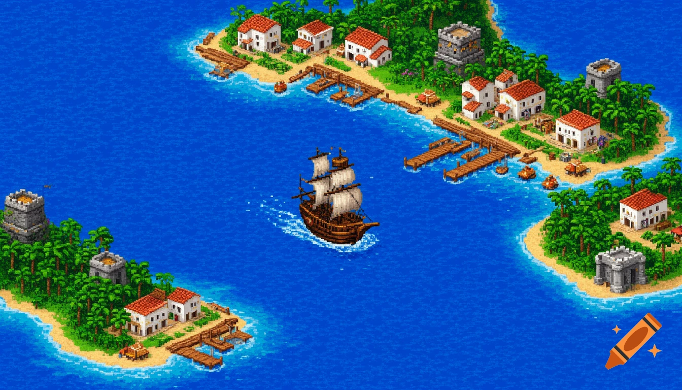 Retro 16-bit pixel art pirate world map with a ship sailing past tropical islands featuring towns, docks, and forts.