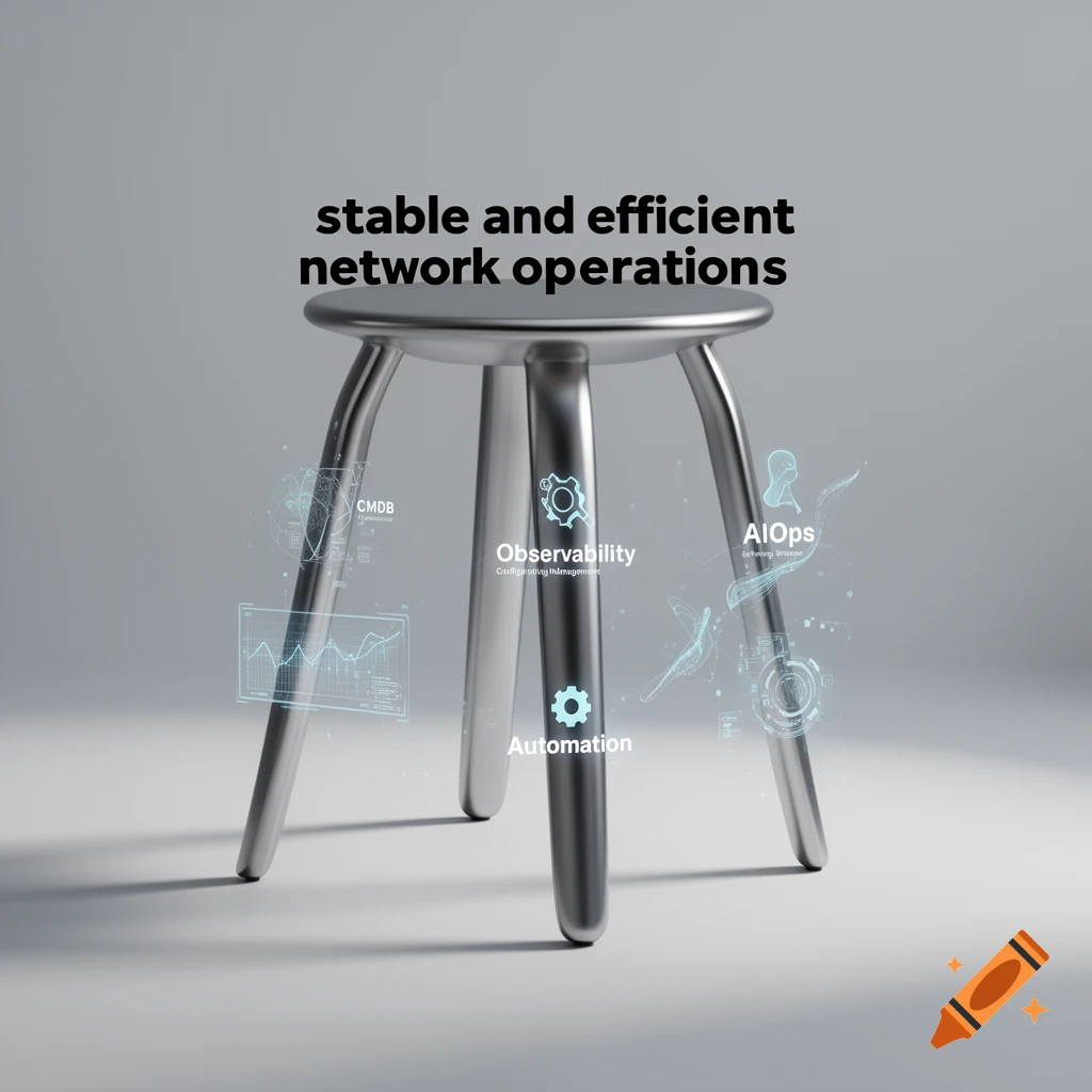 A shiny silver four-legged stool with holographic labels for CMDB, Observability, Automation, and AIOps, representing stable network operations.