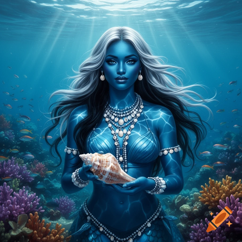 A blue-skinned mermaid with white and black hair, adorned with seashell jewelry, holds a large conch shell underwater amidst colorful coral and fish.