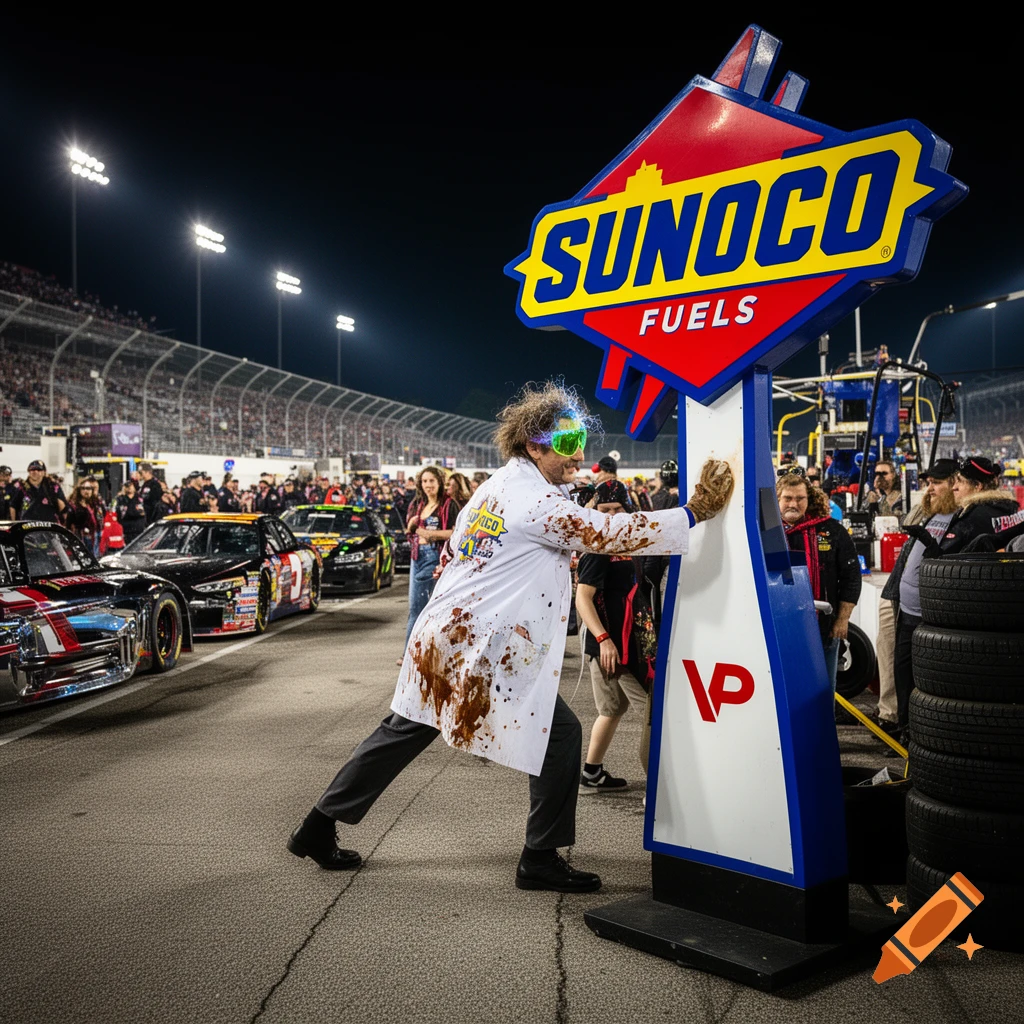 A mad scientist in a lab coat and goggles leans against a Sunoco fuel sign on a racetrack, with race cars and spectators in the background at night.