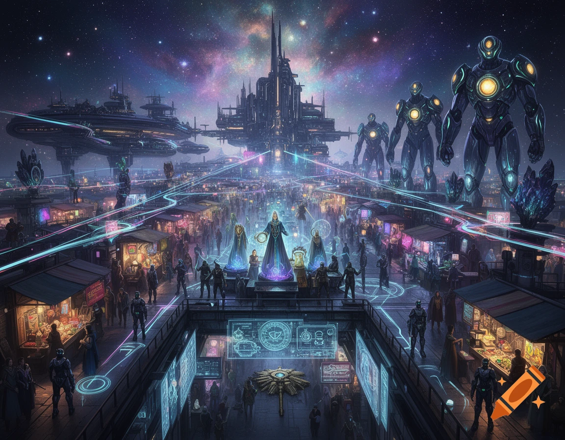 A sprawling futuristic market under a starry galaxy, with glowing pathways, tall buildings, robots, and robed figures, bustling with people.