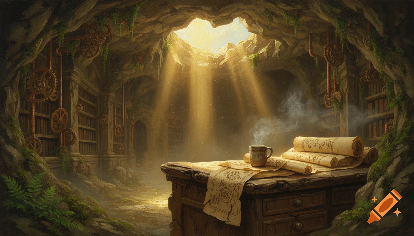 Cinematic oil painting of an ancient, mossy steampunk library inside a cavern, illuminated by sunbeams, with a desk, scrolls, and a mug.