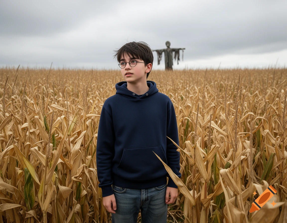 A young boy resembling Harry Potter stands in a golden cornfield, looking up, with a dark scarecrow in the distance under a cloudy sky.