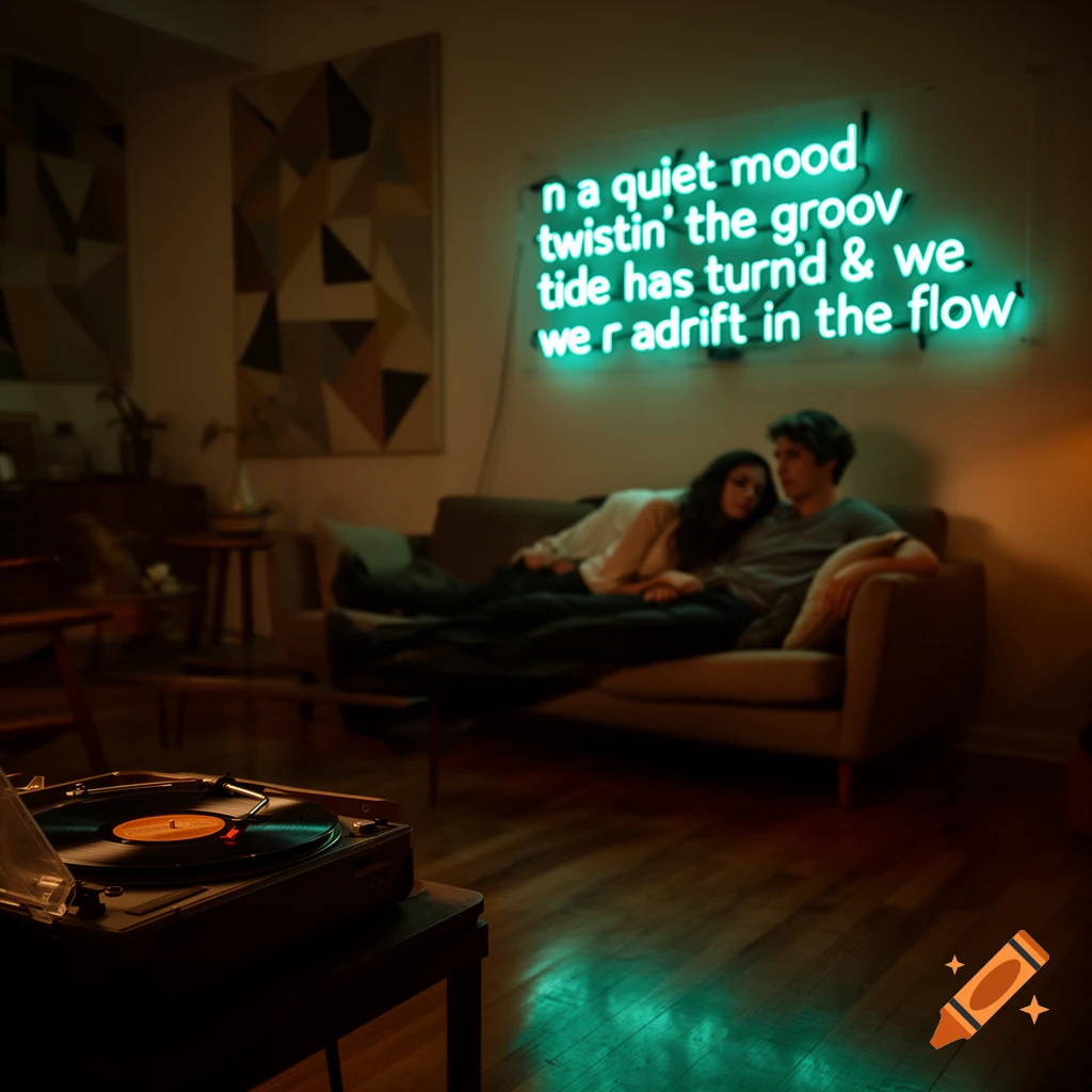 A couple on a couch in a dim room with a neon sign and a record player, creating a moody atmosphere.