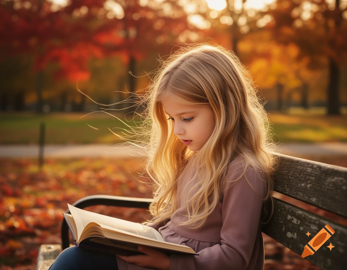 A young girl with long blonde hair sits on a park bench in autumn, reading a book, bathed in golden hour light.