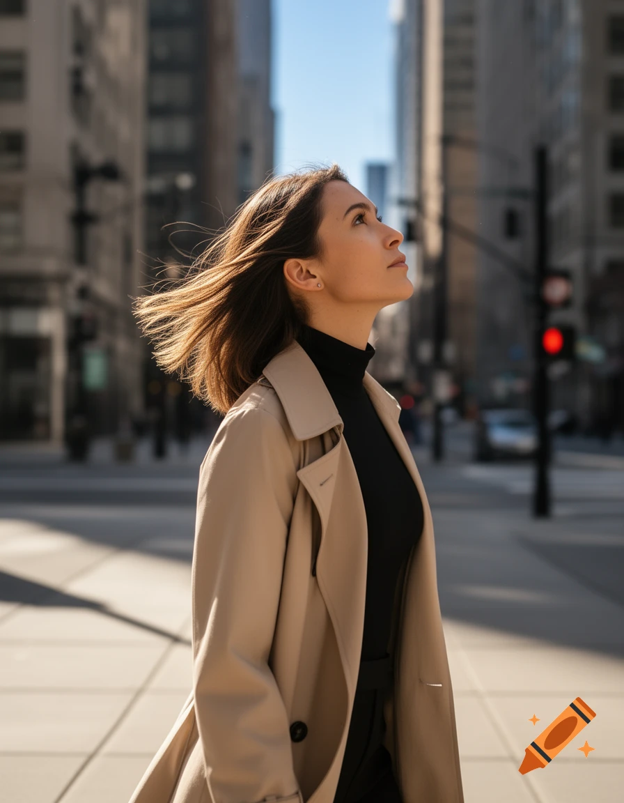 Side view of a woman in a beige trench coat and black turtleneck ...