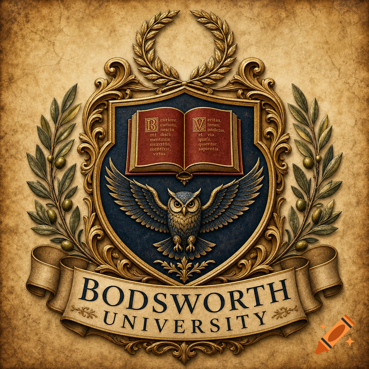 A richly detailed, vintage-style university crest with a golden laurel wreath and olive branches. It features a blue shield with an open red book and a golden owl spreading its wings. A banner below reads "BODSWORTH UNIVERSITY".