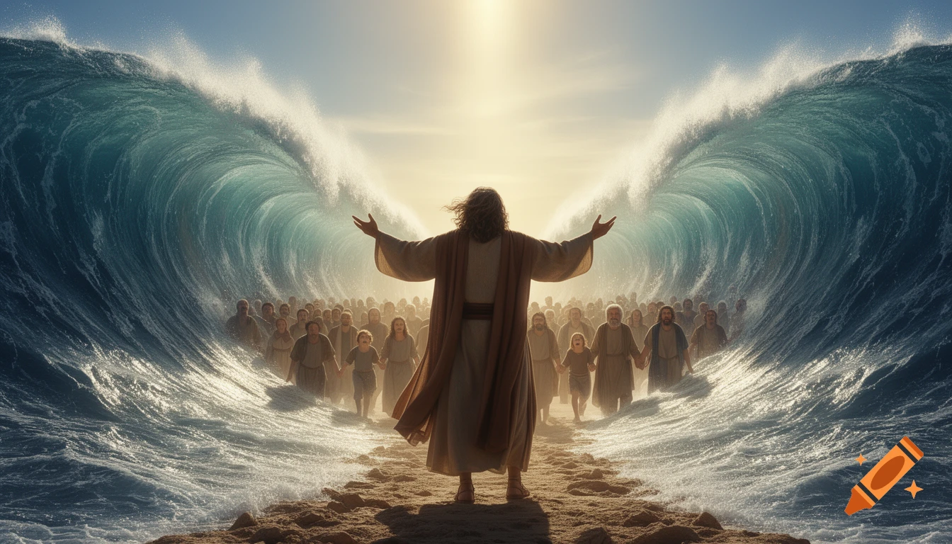 Moses stands with outstretched arms, parting the Red Sea into towering walls of water as a large crowd of people walks through on dry ground under a bright, divine light.