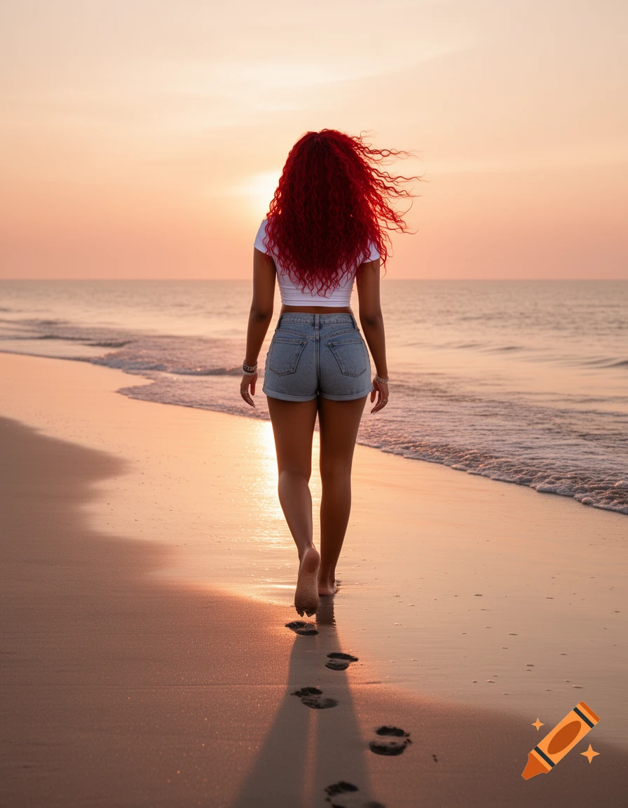 Woman with red curly hair walks away on a sandy beach at sunset, leaving footprints.