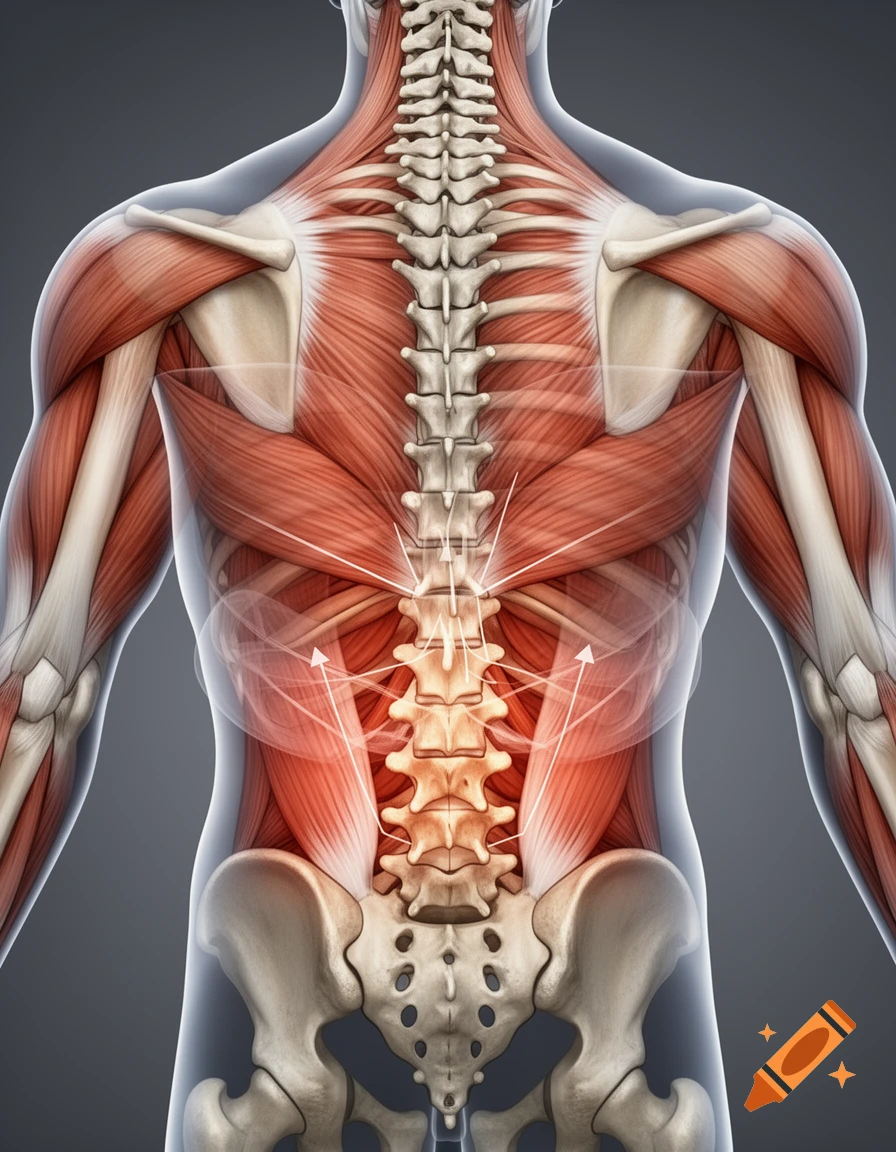 Detailed anatomical illustration of the human back, showing muscles, spine, and glowing red pain in the lower back.