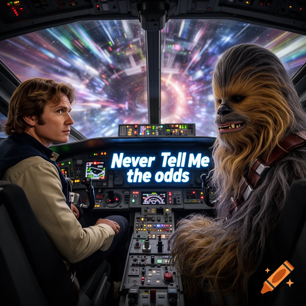 Han Solo and Chewbacca in the Millennium Falcon cockpit, with "Never Tell Me the odds" on a console screen, flying through hyperspace.