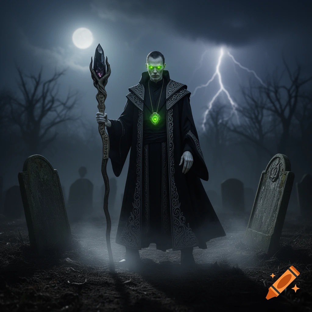 A necromancer with glowing green eyes and medallion holds a magical staff in a foggy graveyard under a stormy, moonlit sky with lightning.