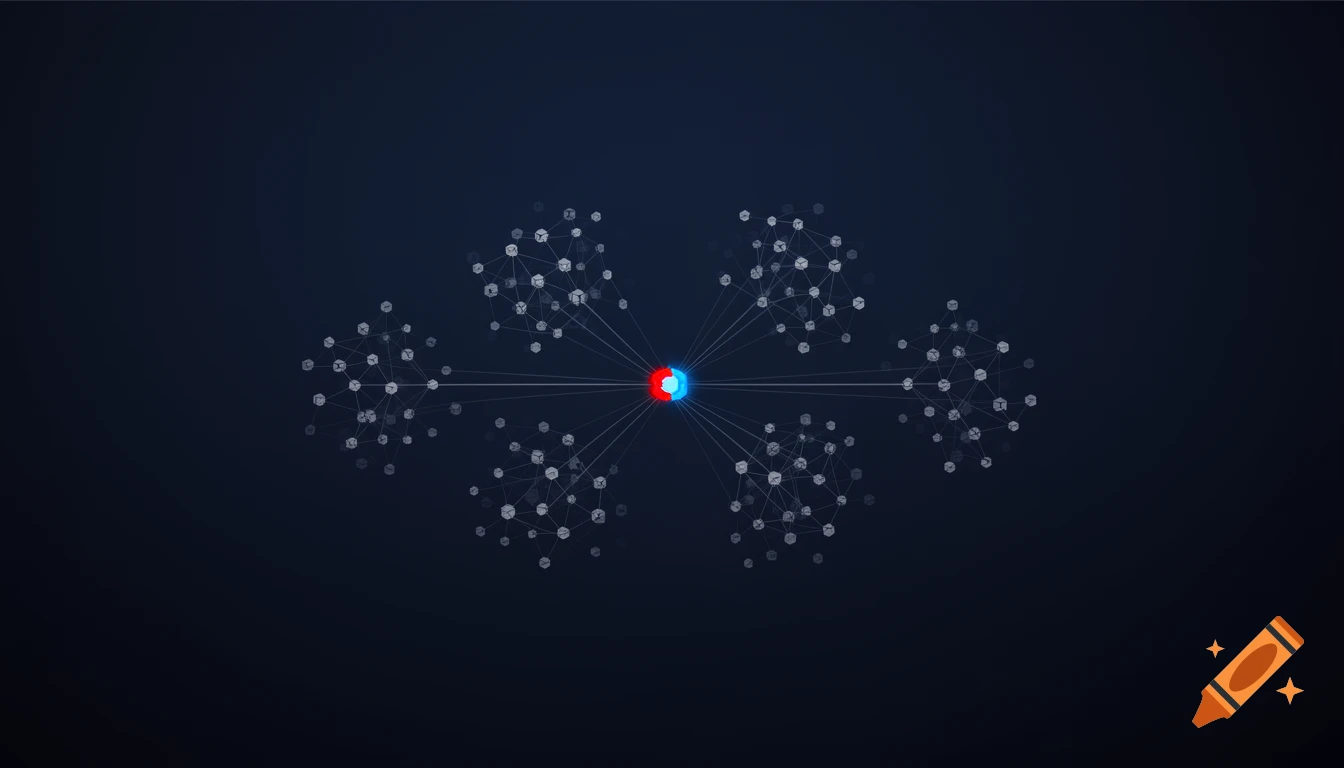 A minimalistic network diagram with a central red and blue node connecting clusters of small white hexagonal nodes on a dark blue background.