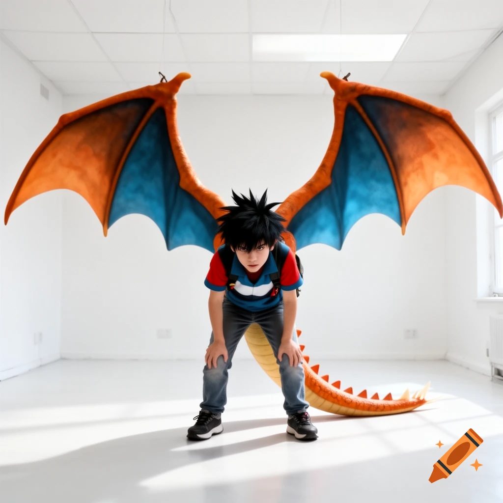 A child dressed as Ash Ketchum with large orange and blue Charizard wings and a tail, hunched over in a bright white room.