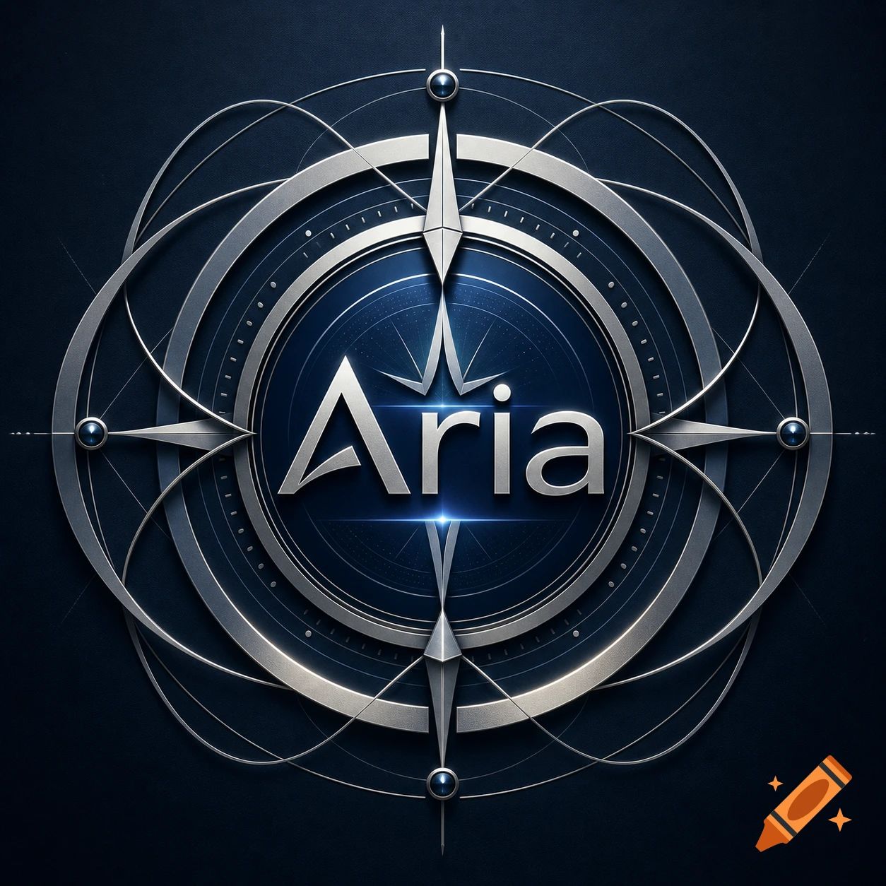 Metallic silver and blue logo with the word "Aria" at the center, surrounded by intricate geometric and compass-like patterns on a dark blue background.