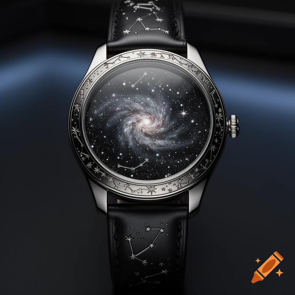 A close-up of a silver wristwatch with a black leather strap. The watch face depicts a swirling galaxy and stars, while the strap shows constellations.