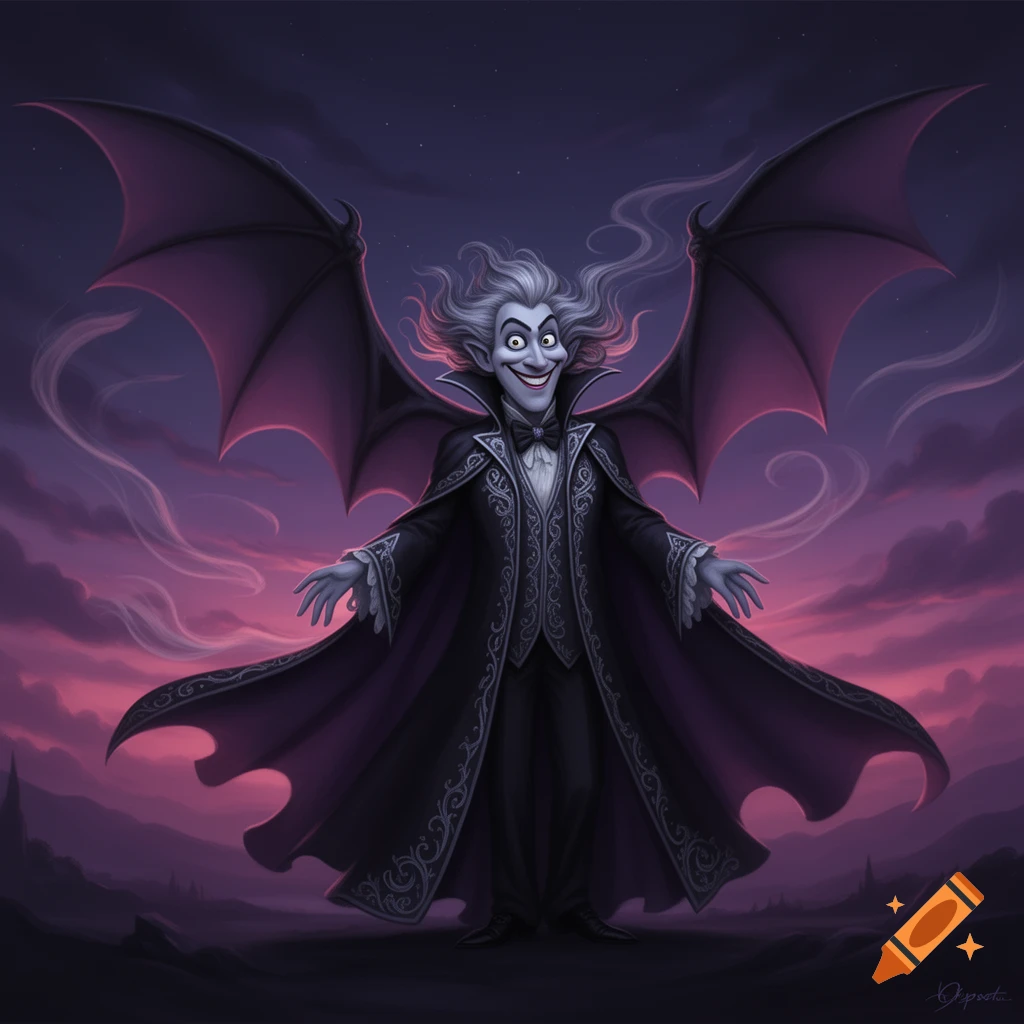 A cartoon Count von Count with bat wings and billowy white hair smiles against a dramatic purple and pink sky.