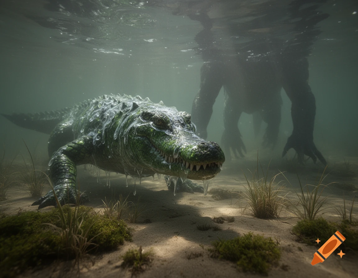 A monstrous green alligator-like creature with sharp teeth underwater, with a larger, shadowy monster behind it.