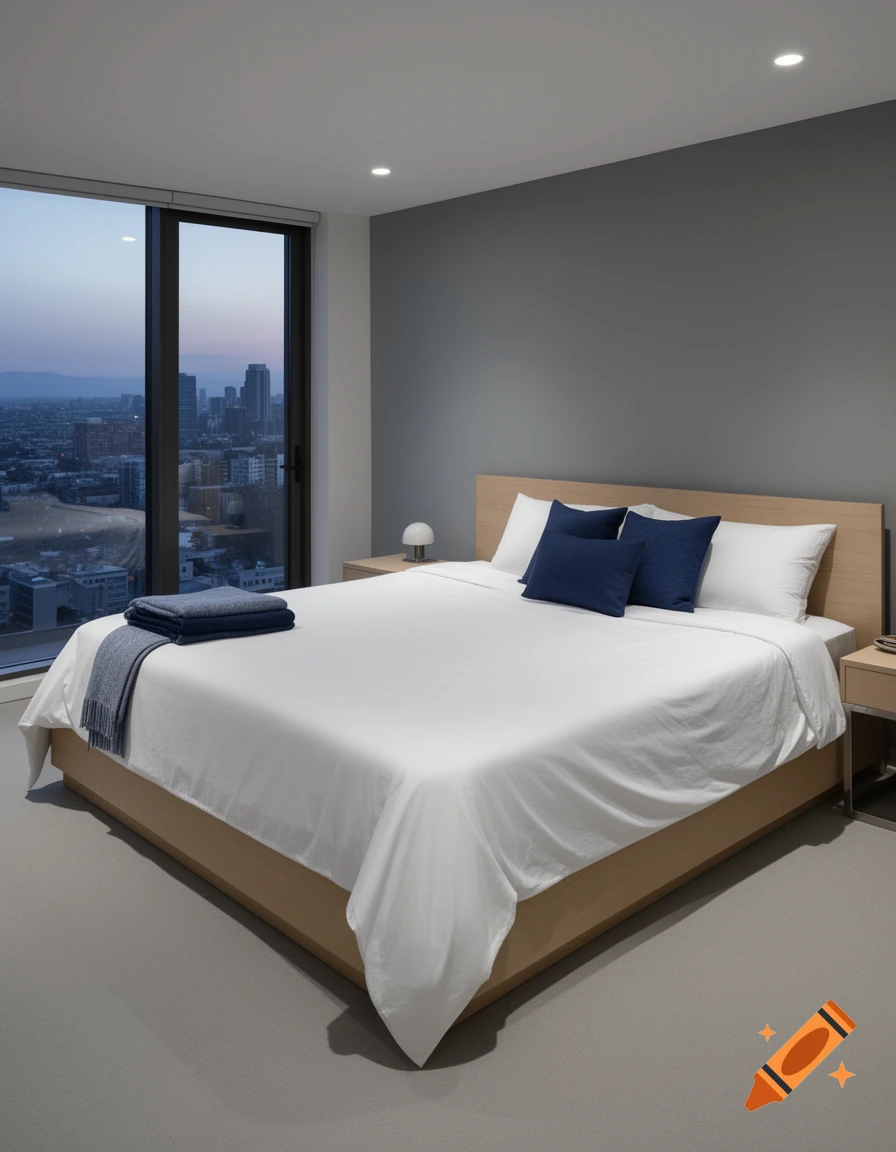 A modern bedroom with a bed featuring white sheets and navy pillows, beside a large window offering a city view at dusk.