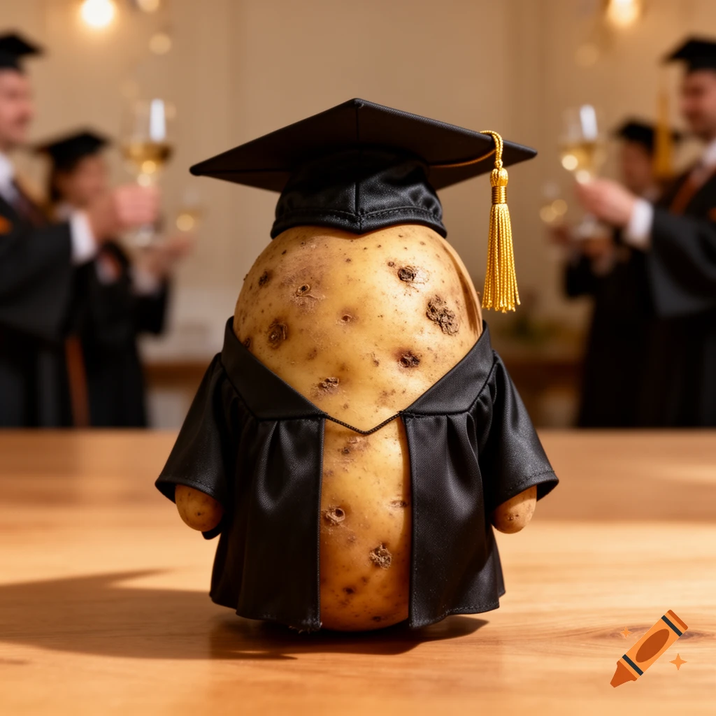 A potato wearing a black graduation cap and gown stands on a wooden table, with blurry graduates toasting in the background.