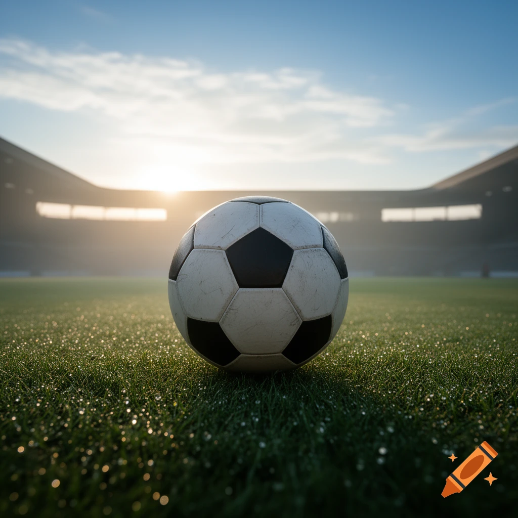Photorealistic close-up of a soccer ball on a dewy green field in a stadium at sunrise.