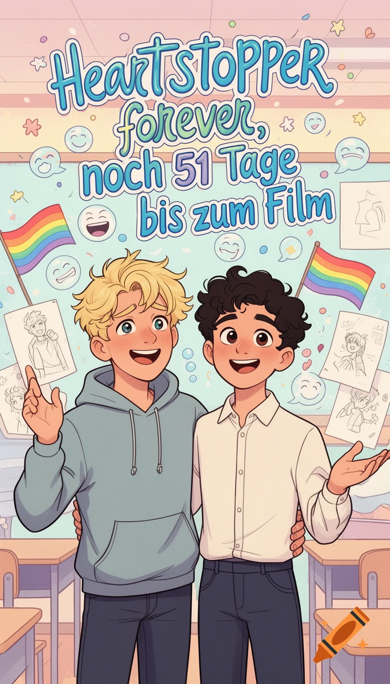 Cartoon of Nick and Charlie from Heartstopper hugging in a classroom, with rainbow flags and a '51 days to film' countdown.