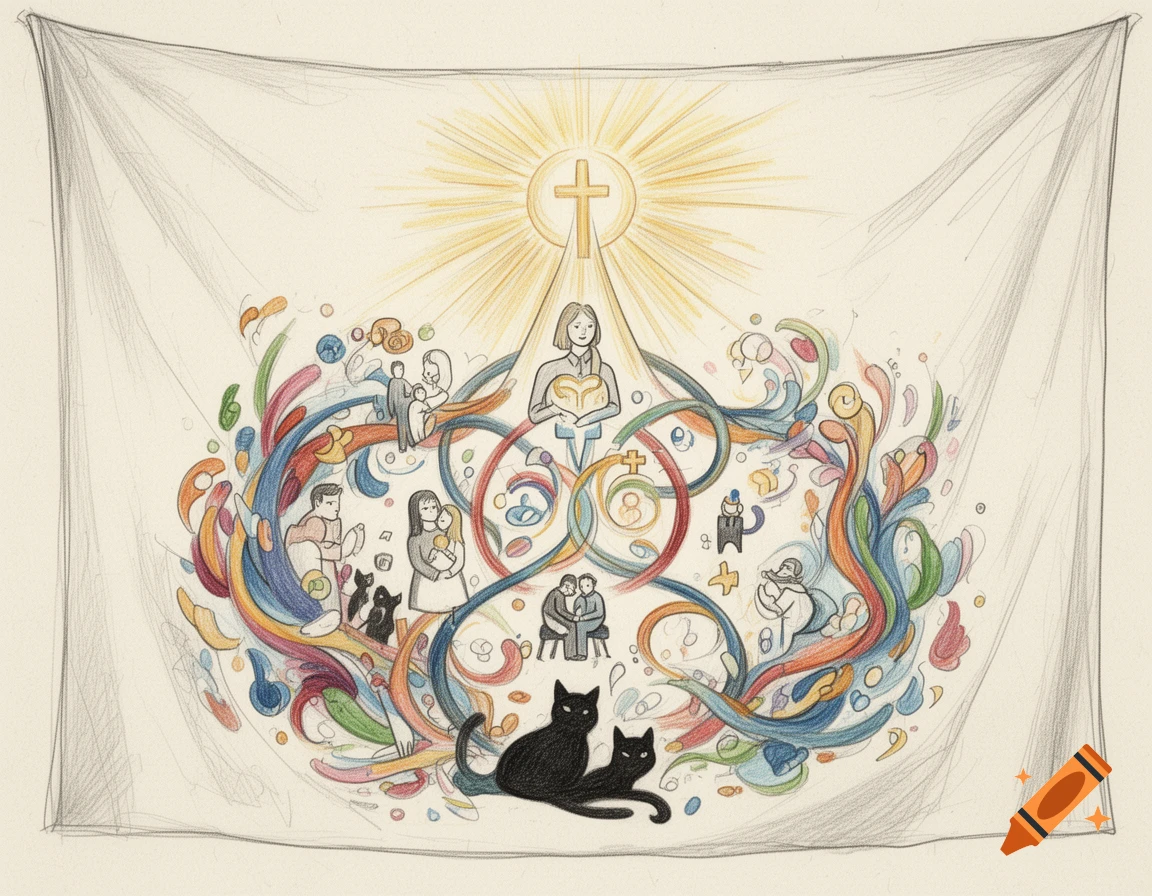 A colorful hand-drawn symbolic sketch depicting life with faith, family, relationships, and black cats, centered around a shining cross.
